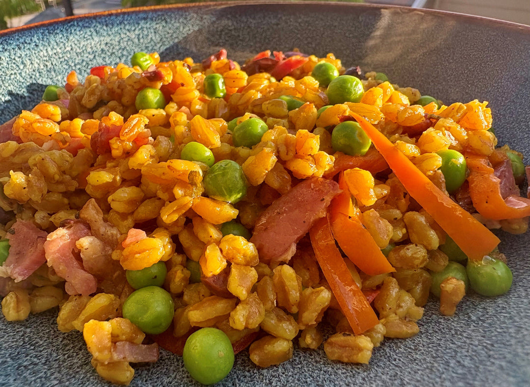 Sprouted Farro with Bacon and Vegetables