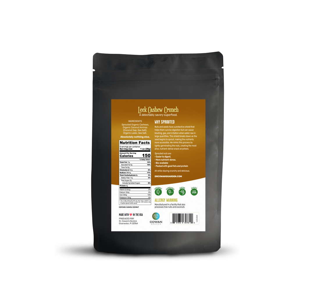 Flavored Sprouted Nuts – Leek Cashew Crunch – Dr. Cowan's Garden